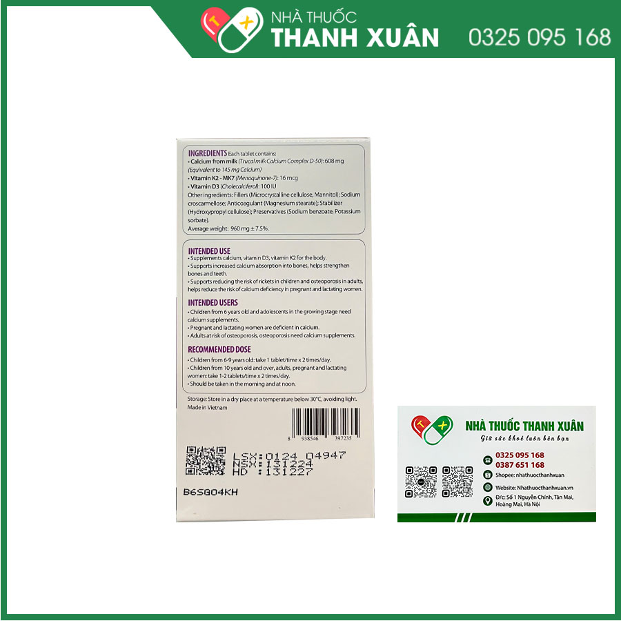 Trucalci D3MK7 Sohacare bổ sung canxi giúp chắc khỏe xương, tăng chiều cao
